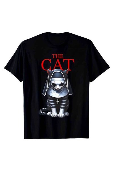 25W تي شيرت رجالي - 100% قطن 180 جرام، تصميم قطة الراهبة المخيفة "THE CAT"، ط...