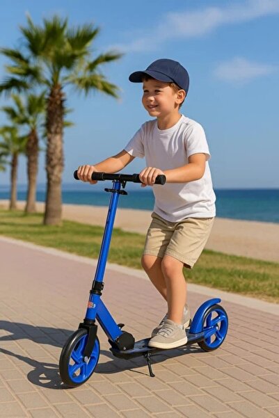 PlayZen 2 Tekerlekli Çocuk Scooter Büyük Tekerlekli Katlanabilir Ayarlanabilir Gidonlu Ayaklıklı Mavi