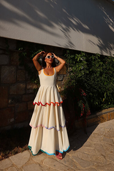 KUPAKIZI Kadın Ekru Arkadan Bağlamalı Uzun Elbise