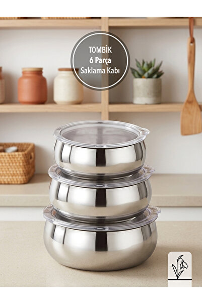 FMS Tombi̇k 3-Piece Storage Container |   16 Cm-18 Cm-20 cm |   18/10 Stainle...