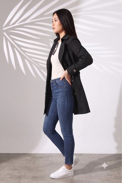 B.HE.Z Degaj Collar Water Repellent Fabric Lined Belted Above Knee Pocketed Trench Coat Black