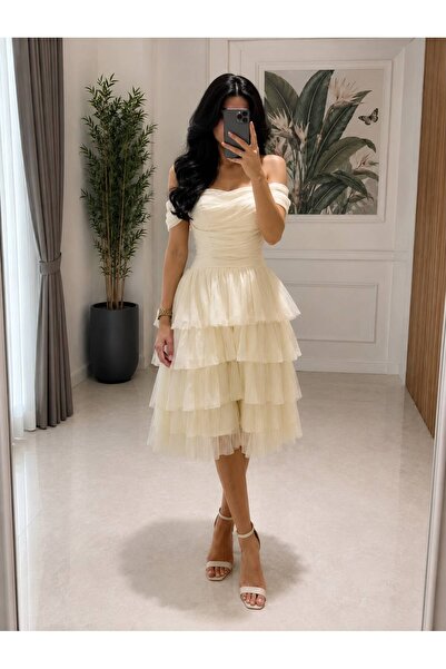 MILANORA Beige Ivory Off Shoulder Pleated Evening Dress