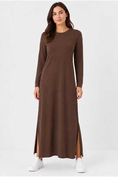 Tenra Women's Long Sleeve Crew Neck Side Slit Long Dress