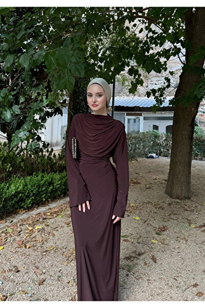 Lour COLLECTİON Kadın Kahverengi Sandy Kumaş Cherry Uzun Tesettür Elbise