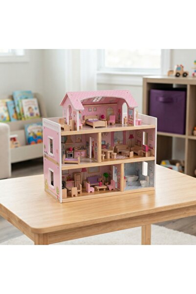DeaL Căsuță de păpuși cu mobilier roz — Set de joacă educativ pentru copii 3+...