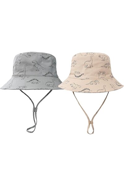 Generic Baby Bucket Sun Hat with Dinosaur Pattern, 2-Pack, Grey and Beige, UP...