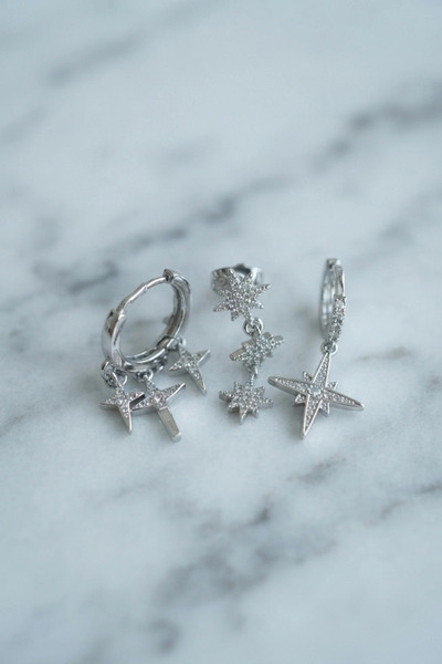 SORA GROUP Polar Star Model Silver Color 3-Piece Earring Set