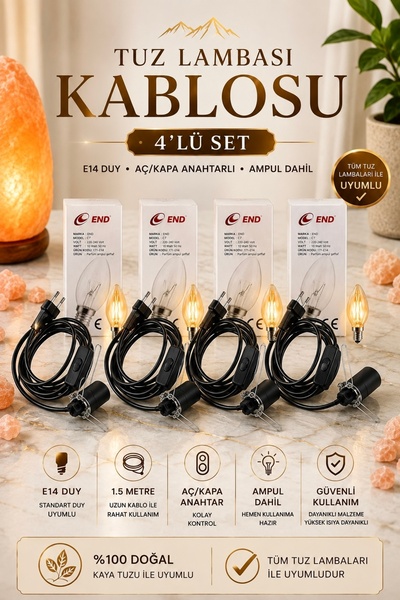 ANADOLU HASAT 4 Adet Tuz Lambası Kablosu – E14 Duy 1,5 Metre Aç/Kapa Anahtarl...