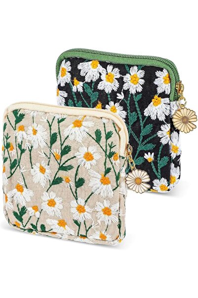 Hannea Small Pouches, 2Pcs Daisy Sanitary Napkin Storage Bag, Embroidery Make...