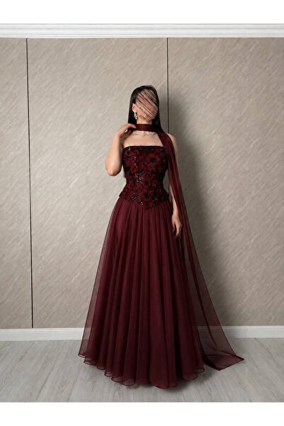 led style Long Evening Dress with Embroidered Corset and Neck Shawl in Burgun...