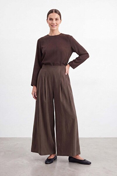 Puane Women's Wide Leg Woven Brown Trousers with Elastic Waist 18310