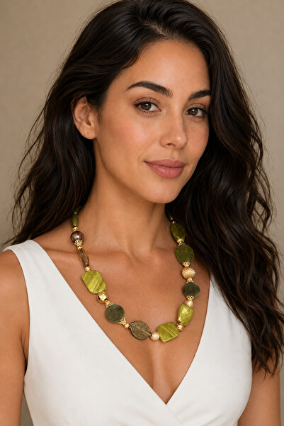 COCOSH TAKI Green Large Beaded Gold Detailed Custom Design Necklace