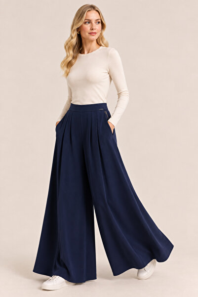 Famelin Comfortable Wide Leg Navy Blue Trousers with Elastic Waist 1620
