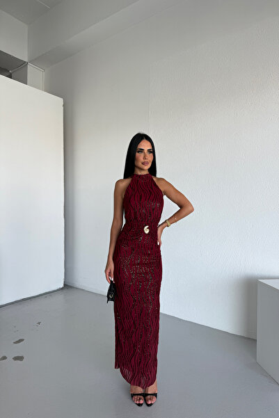 KAMACI BUTİK HALTER YAKA FLOK BASKILI ELBİSE