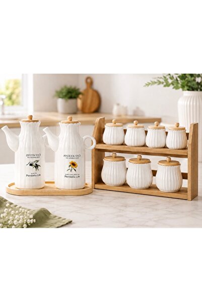 Pembelia Life Porselen Baharatlık Ve Yağlık Seti 11 Parça Bambu Standlı 2’li 1000 ml Yağdanlık Seti Standlı 7’li Porselen Papatya Model Baharatlık Seti Yağlık Baharatlık Takım Mutfak Düzen Seti Çeyizlik Takım Beyaz