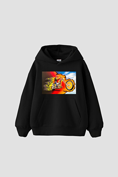 Sekizbiraltı Ghost Rider Printed Oversize Unisex Black Hoodie