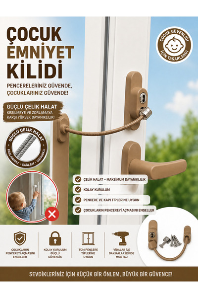 Sapcı Premium Pvc Pencere Halatlı Çocuk Emniyet Kilidi Kahverengi