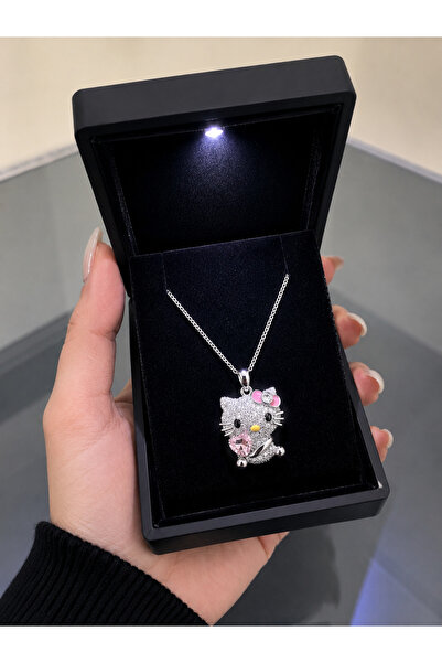 shop IŞIKLI KUTUDA GÜMÜŞ RENK KALPLİ HELLO KITTY KOLYE ÇELİK