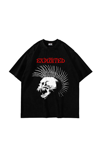 Sekizbiraltı Exploited Punk Skull Baskılı Siyah Oversize Tshirt