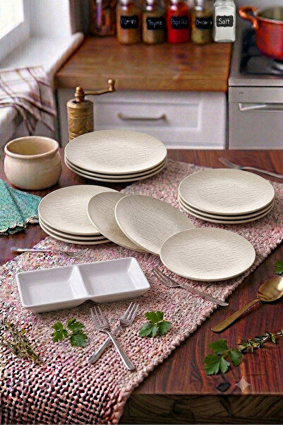BİODATA 12 Pieces Unbreakable Melamine Dessert Plate Serving Plate 25 cm - Cream
