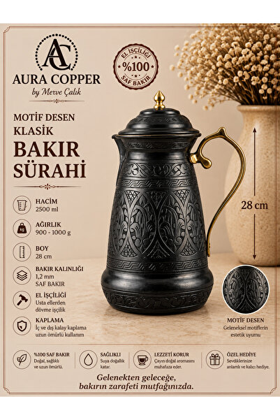 AURA COPPER Gaziantep Geleneksel Klasik Kapaklı Oksit Eskitme Bakır Sürahi 2,...