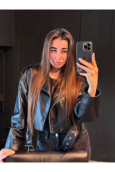 Sun Queen Jachetă de piele pentru femei, stil biker, supradimensionată, cu curea