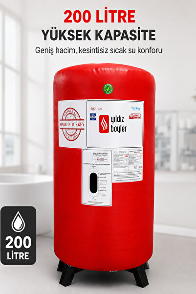 YILDIZ BOYLER 200 Litre Tek Serpantinli Boyler, Termometreli Anot Çubuklu Der...