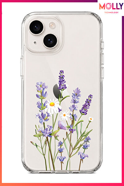 Molly iPhone 13/14 İçin Lavanta Bahçesi Desenli Şeffaf Silikon Kılıf