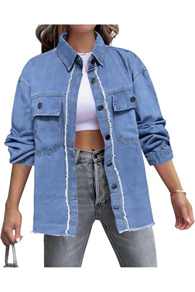 Generic Women's Oversized Denim Jacket, Long Sleeve Distressed Denim Shirts, ...