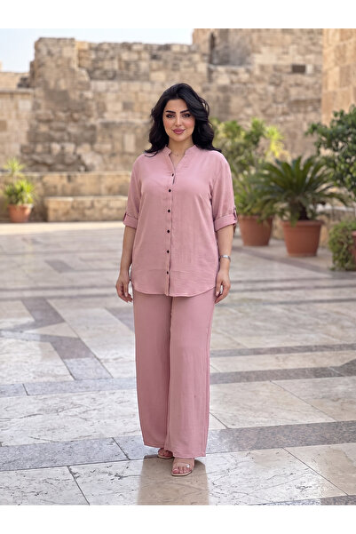 Finelook Women's Modest Shirt & Belted Wide Leg Set – Casual Short Sleeve One...