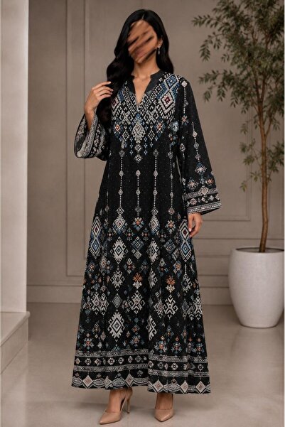 led style Long Traditional Patterned Jalabiya with Wide Sleeves