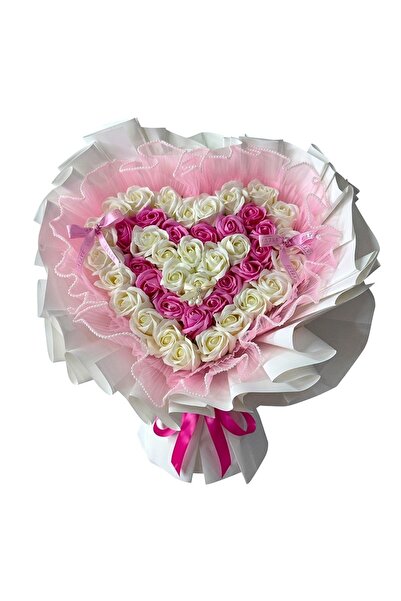 velve Buchet floral Amore in forma de inima cu trandafiri de sapun si tull cu...