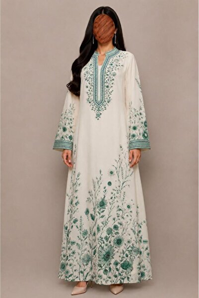 Mar style Long Floral Print Jalabiya with Stylish Embroidered Collar