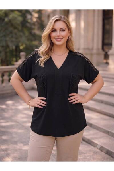 EMZAGİYİM V-Neck Lace Blouse with Pockets and Lace Shoulders