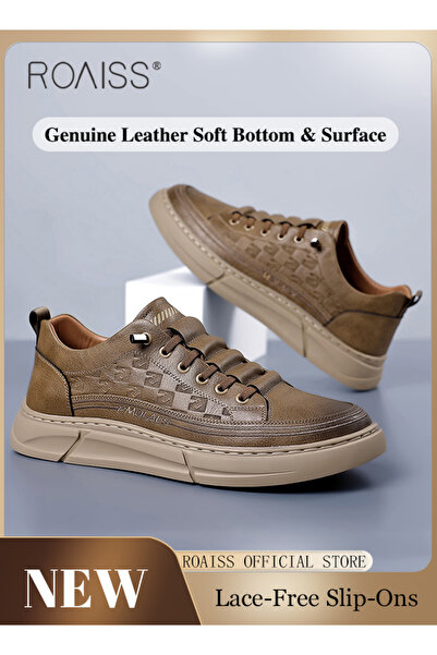 ROAISS Men's Genuine Leather Retro Fashion Slip-On Sneakers Men's Soft-Soled ...