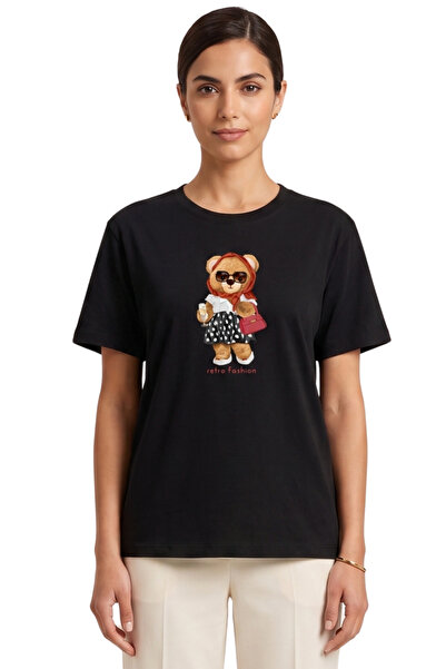 DK DAKSEL Women's Black Retro Teddy Bear Printed T-Shirt Comfortable Fit 100%...