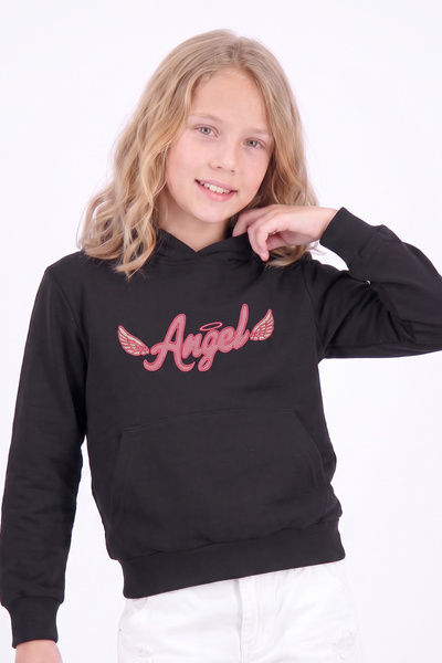 panios kids Kız Çocuk Baskılı Kanguru Cepli Uzun Kollu Kapüşonlu Sweatshirt