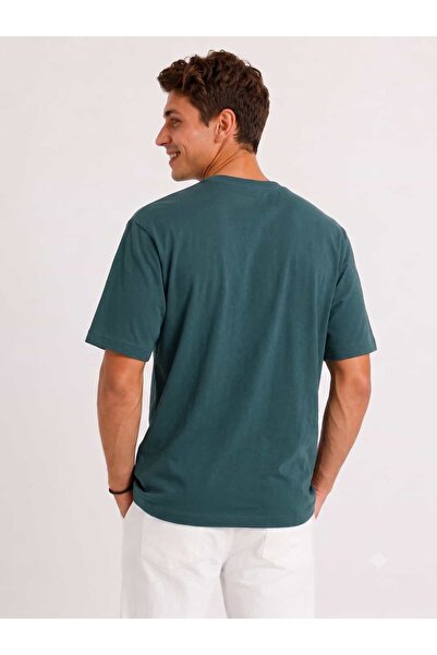 Vasto Moda Erkek Tam Oversize Kalıp Kalın Dokulu %100 Pamuk Bisiklet Ribana Yakalı Petrol Yeşili T-Shirt