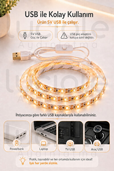 luciole 3 Metre 5V USB Amber Şerit LED Anahtarlı Mutfak Tezgah Altı TV Masa Kamp Powerbank Sıcak Işık