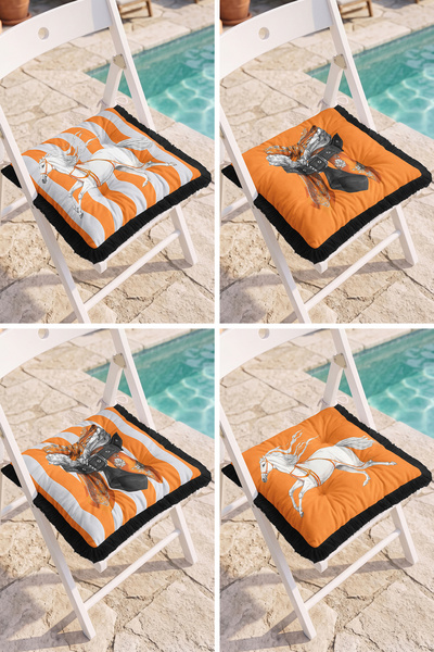 Realhomes Set of 4 Fringed Puffy Chair Cushions with White Horse Figure and O...