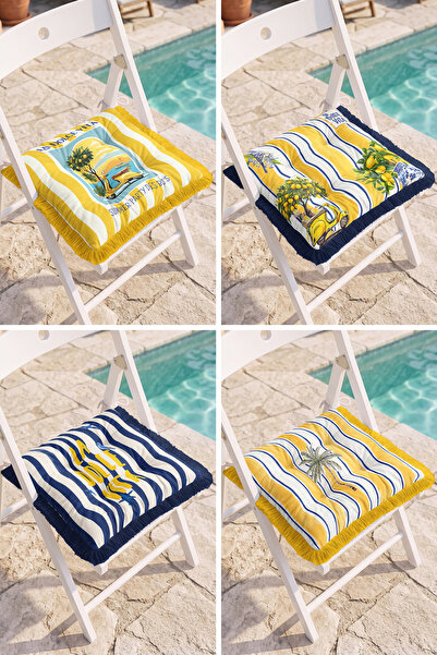 Realhomes Blue Striped 4-Piece Fringed Puffy Chair Cushion Set with Lemon Tre...
