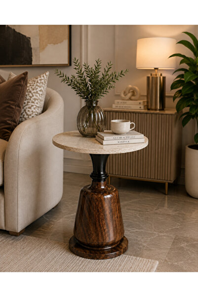 N.zone طاولة جانبية دائرية فاخرة بتصميم عصري أنيق، سطح رخامي أبيض وقاعدة بنية...