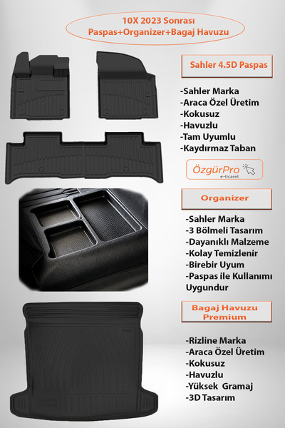 Sahler Tog T10X 2023+ Uyumlu 4.5D Havuzlu Paspas ve Organizer 3D Rizline Prem...