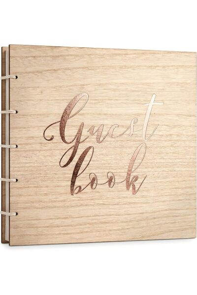 GENERAL Wooden Wedding Guest Book with Rose Gold Foil Lettering, Rustic Guest...