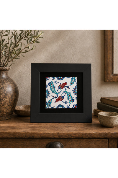 Anadolia Çini Series Tulip and Hyacinth Black Framed Ceramic Tabletop Panel