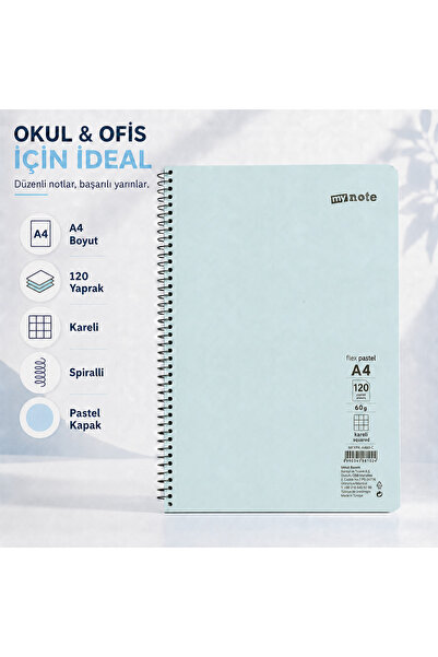 Mynote Flex Pastel A4 120 Yaprak 60 gr Spiralli Kareli Defter