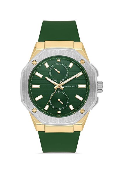 Navimarine Erkek Yeşil Kadran Gold Detaylı Kol Saati Silikon Kordon Analog Şı...
