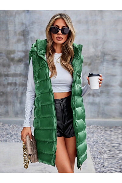 ladyzey Women's Pistachio Green Hooded Faux Leather Long Vest