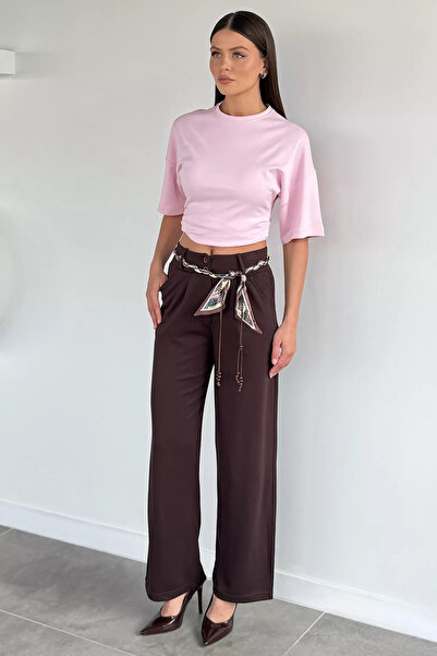 Aryena Brown Women's High Waist Palazzo Fabric Trousers with Scarf Accessory