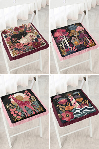 Realhomes Cat, Giraffe, Lighthouse and Forest House Colorful Patterned 4-Piec...
